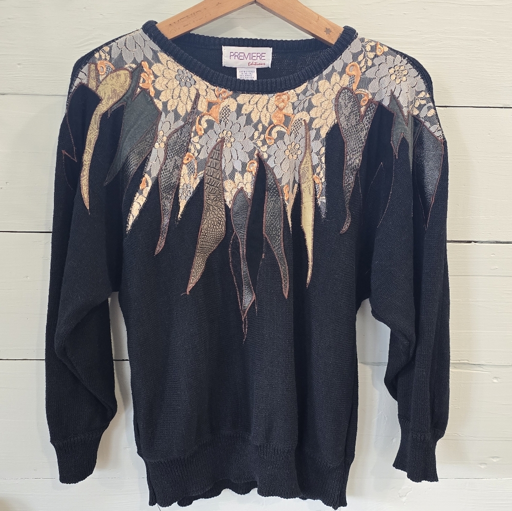 VNTG 80s Premiere Editions  Black Knit Floral Lace Faux Leather Applique Sweater